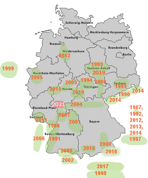Jahre meiner Exkursionen auf einer Deutschlandkarte