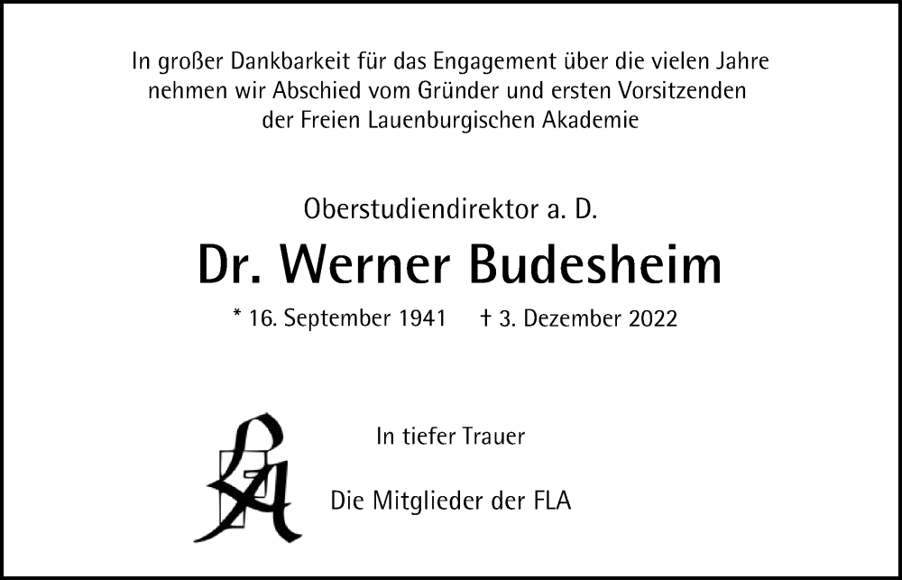 Traueranzeige für Dr. Werner Budesheim